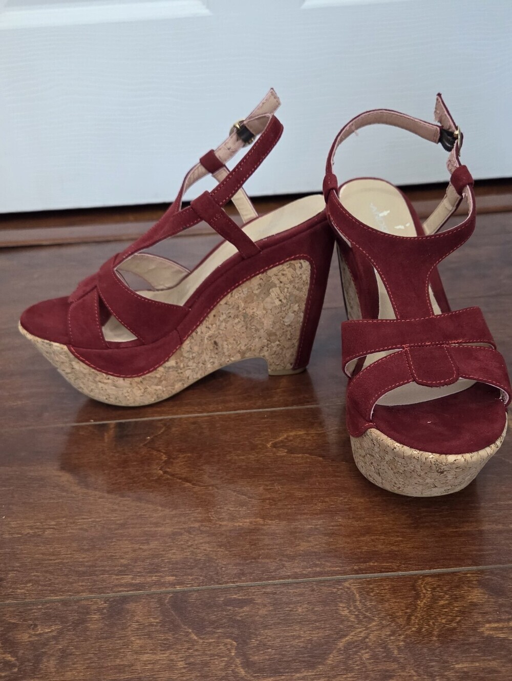 ANDREA Red Microsuede Cork Platform Wedge Sandals with Ankle Straps Size 7 - Picture 9 of 10